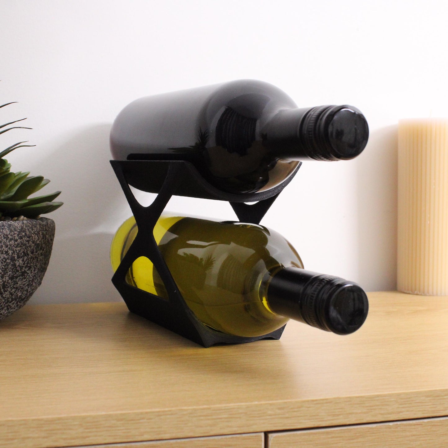 Edgy Countertop Wine Rack, Small Modern Counter 2 Bottle Wine Stand, Display Wine Storage for Wine Lovers.