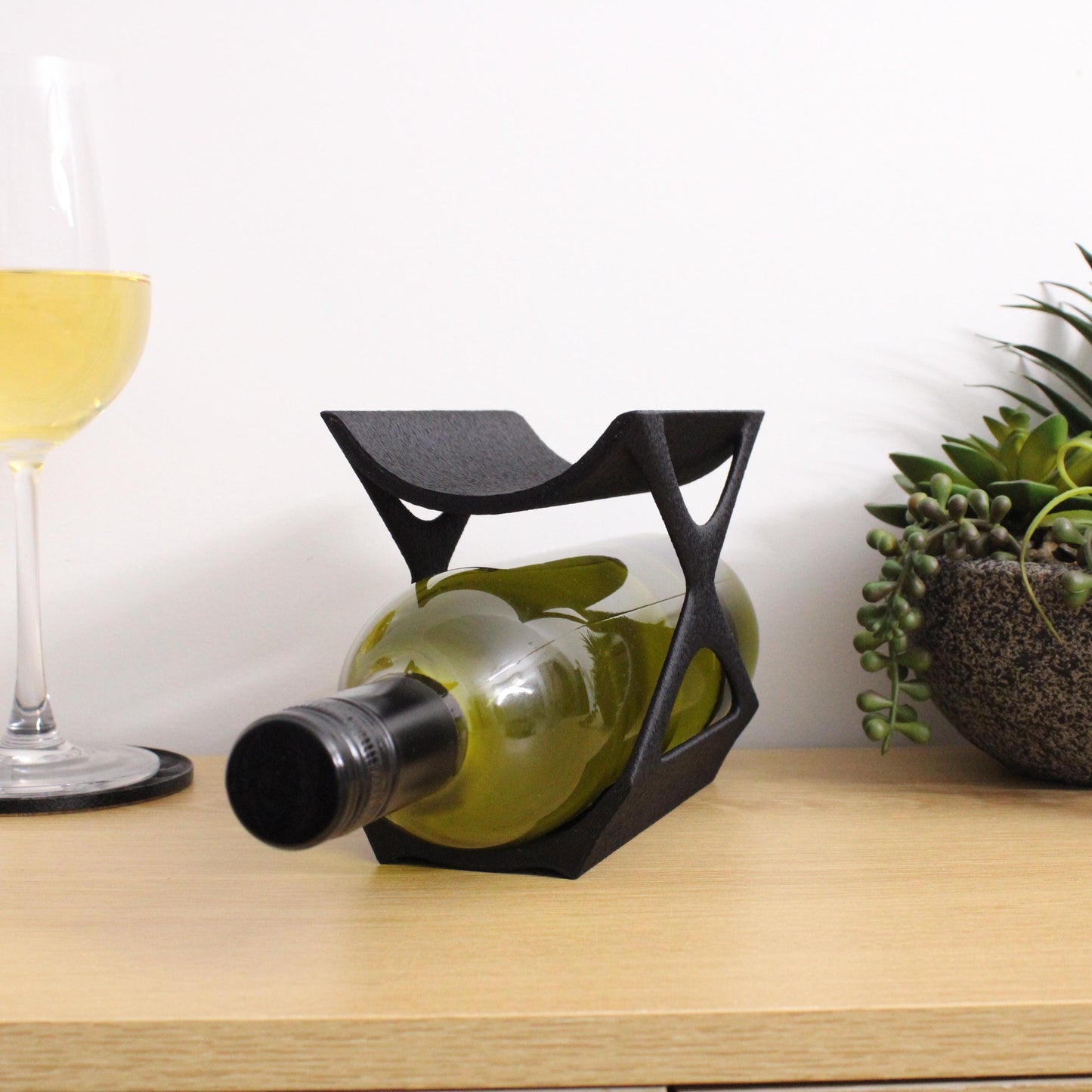 Edgy Countertop Wine Rack, Small Modern Counter 2 Bottle Wine Stand, Display Wine Storage for Wine Lovers.